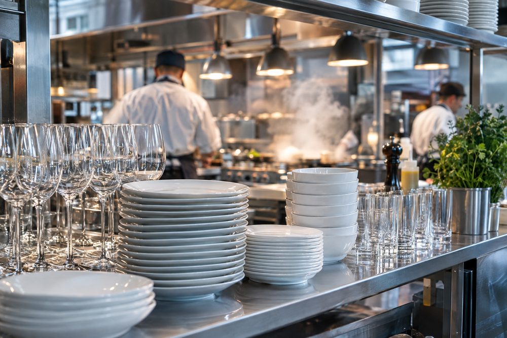 Spotless glassware in a professional restaurant kitchen