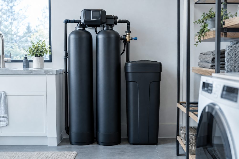 A whole-home water softener installed in a clean utility room