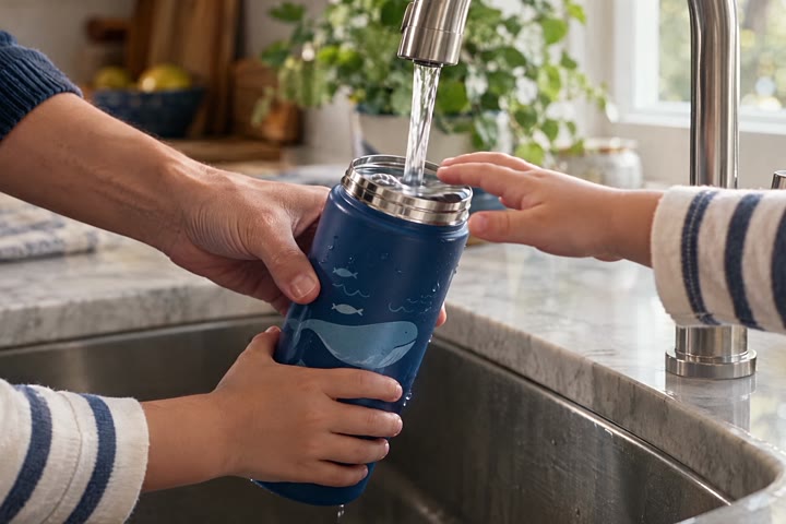 Filling a cup with clean water at the kitchen sink