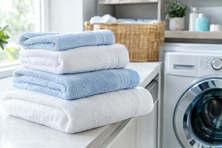 Soft folded towels beside a washing machine