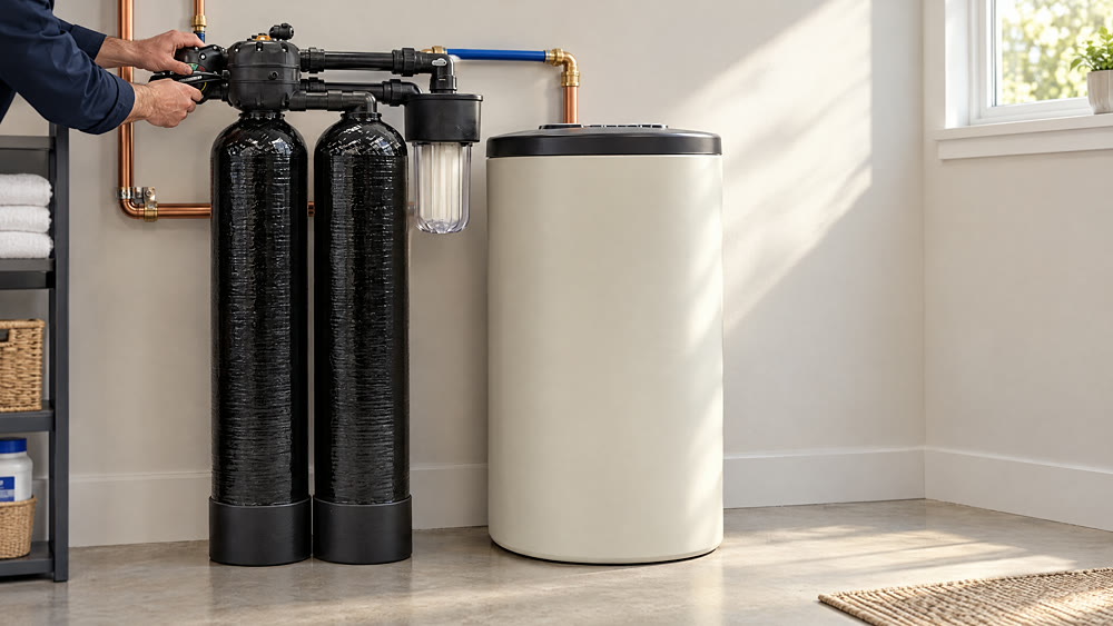 A whole-home water treatment system installed in a clean utility room