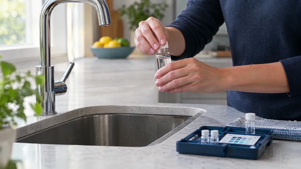 A technician tests a water sample at the kitchen sink with a test kit