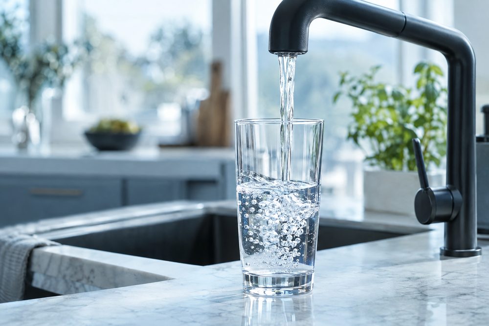 Clear water filling a glass at a modern kitchen faucet
