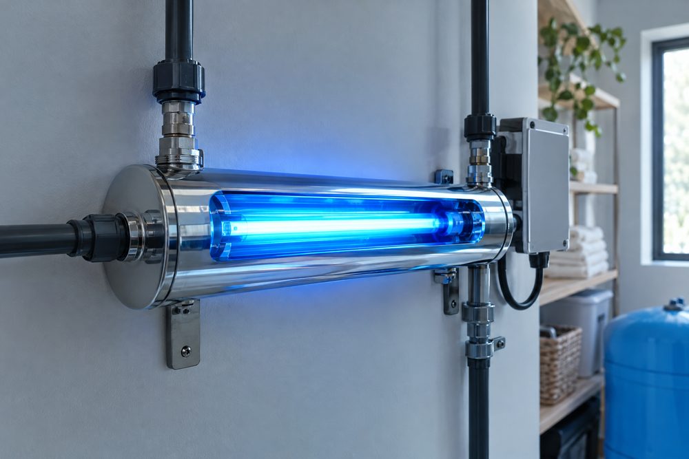 Stainless-steel UV water purification chamber glowing blue