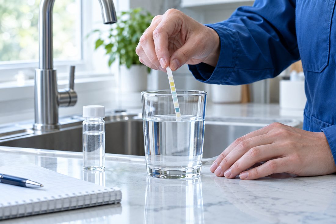 A water sample being tested with a test strip at a kitchen sink
