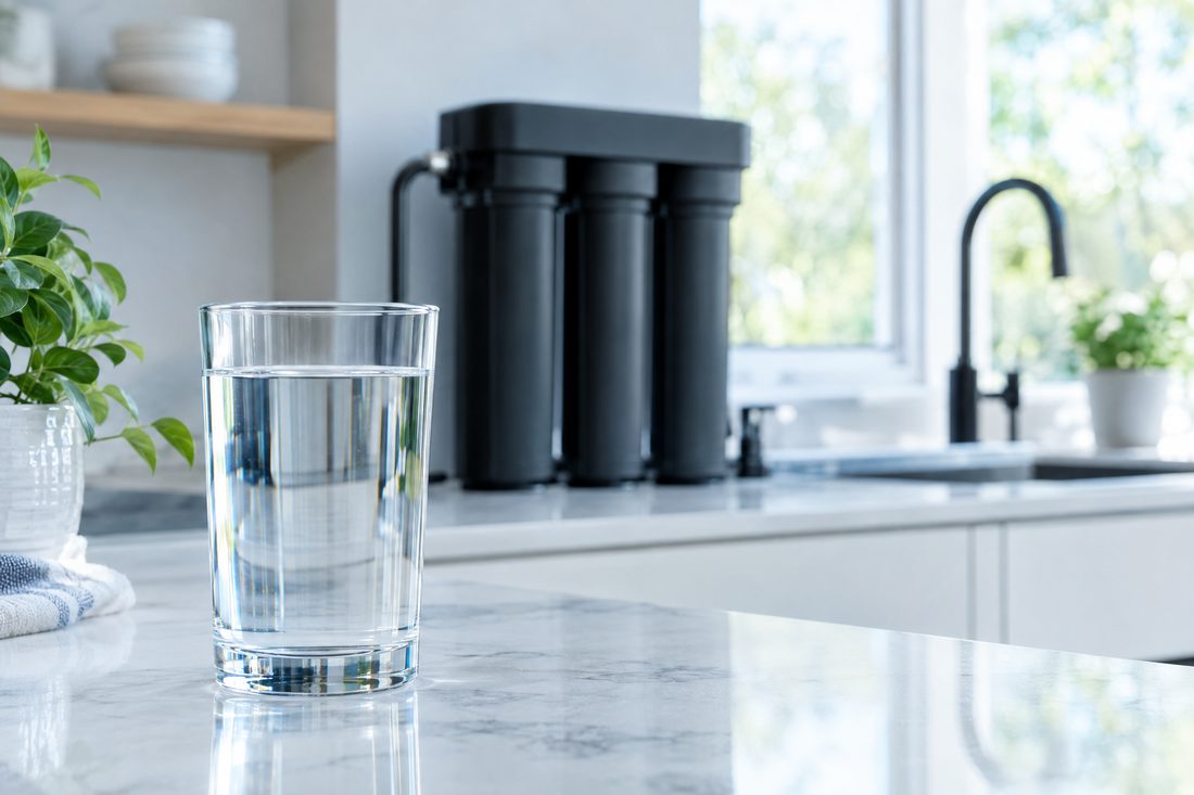 A glass of clean filtered water beside a water treatment system